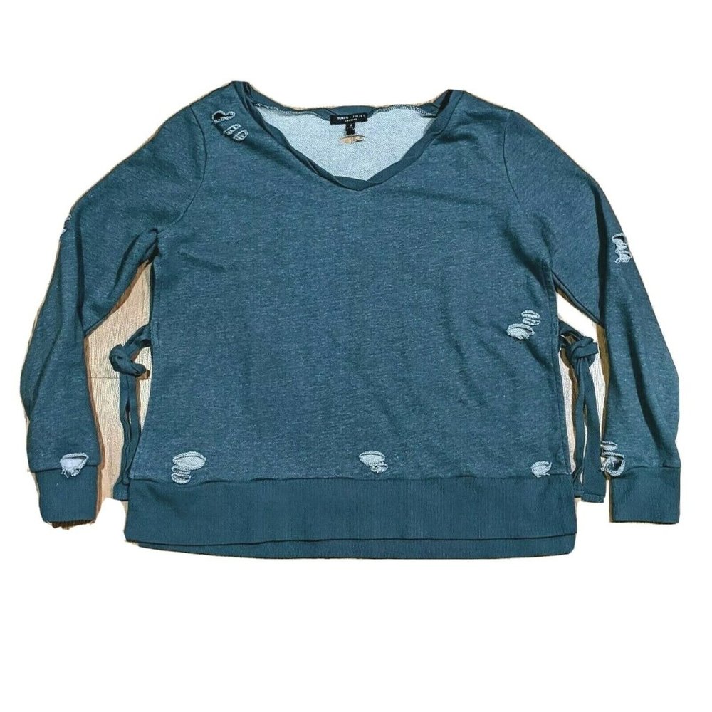 Romeo Juliet Couture Twist Neck Distressed Sweatshirt Gray Side Tie Size Medium - Picture 1 of 6